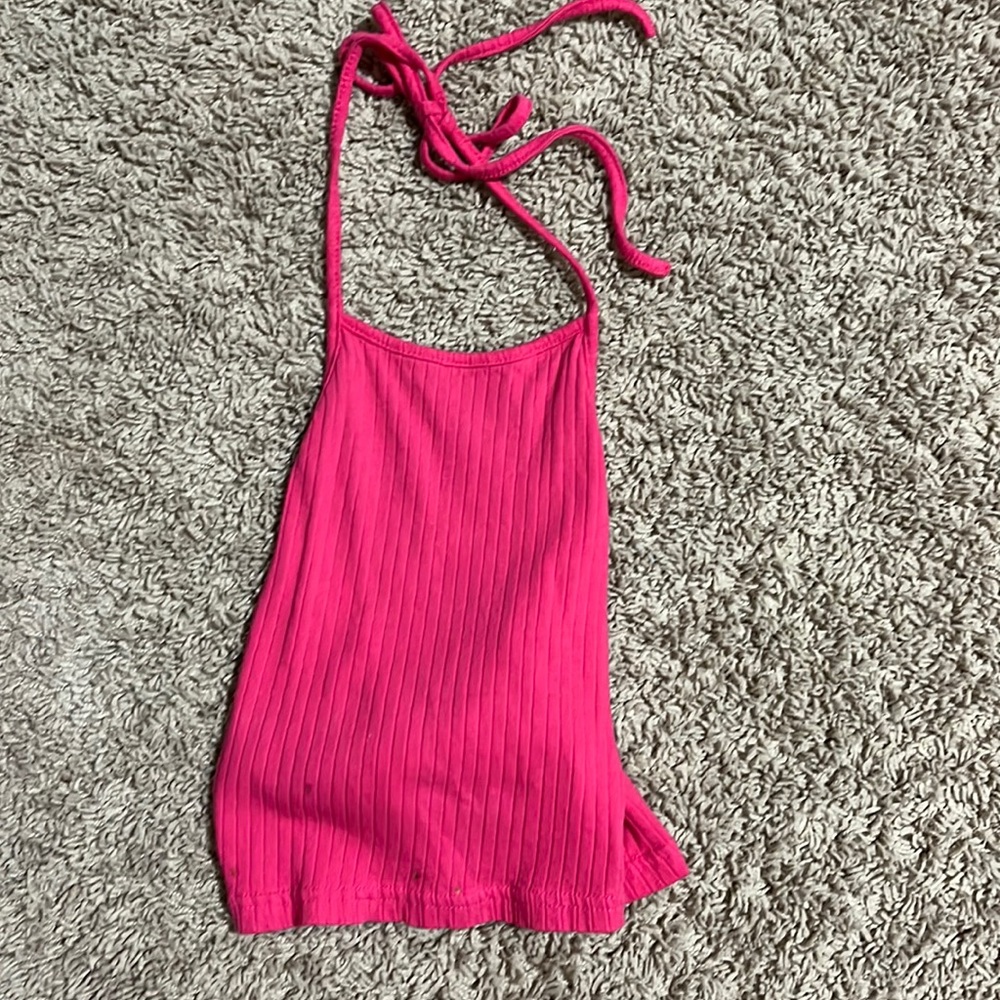 Pink tie around neck open back tank